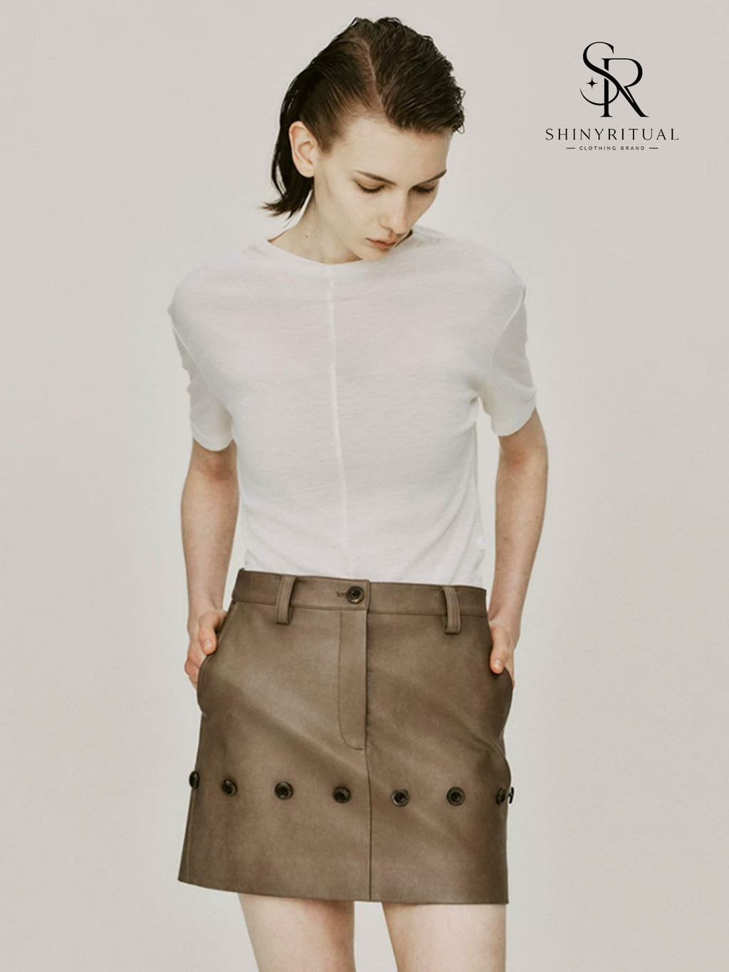 Velmira Leather-Panel Coffee Skirt