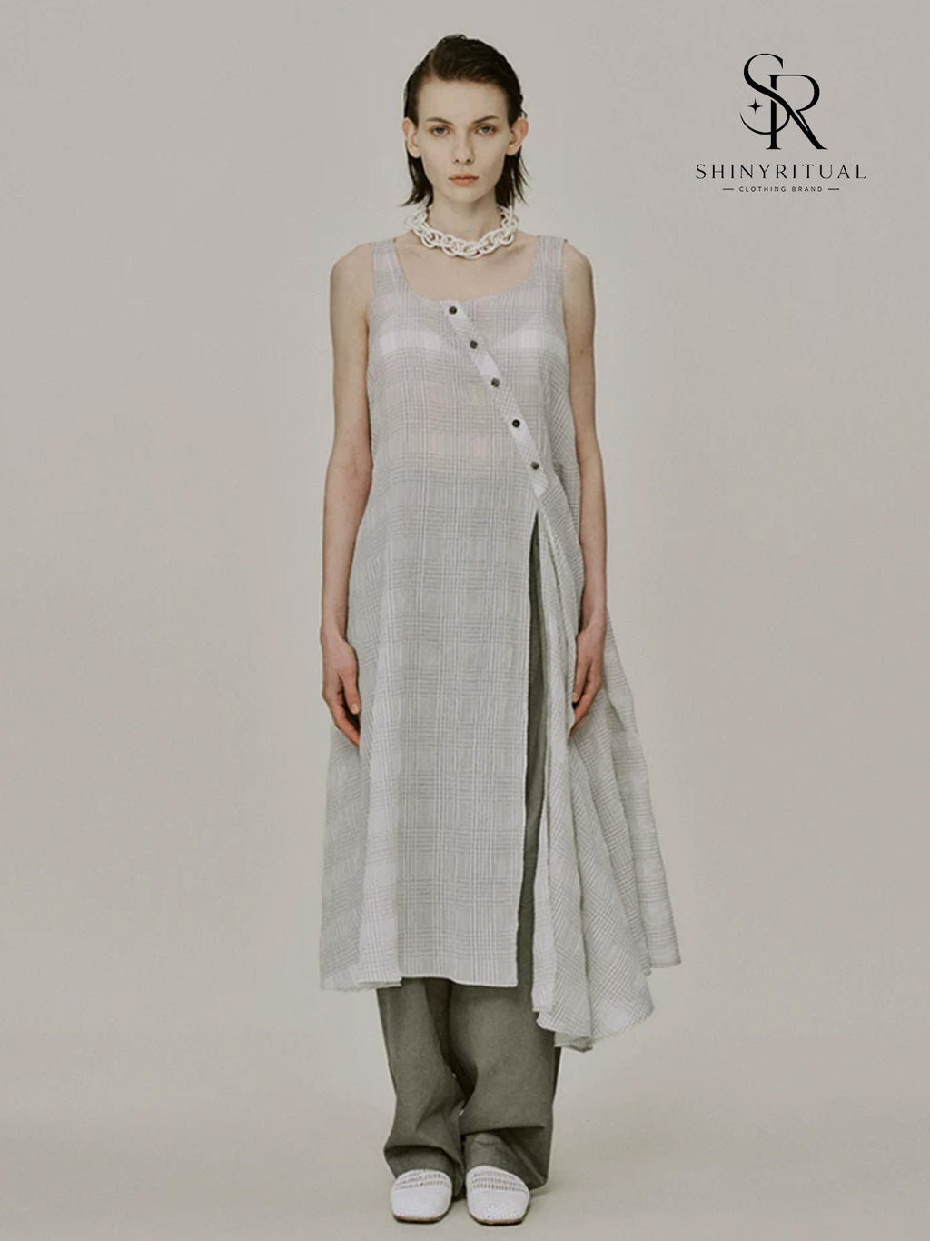Ivresse Ivory Plaid Crossover Dress