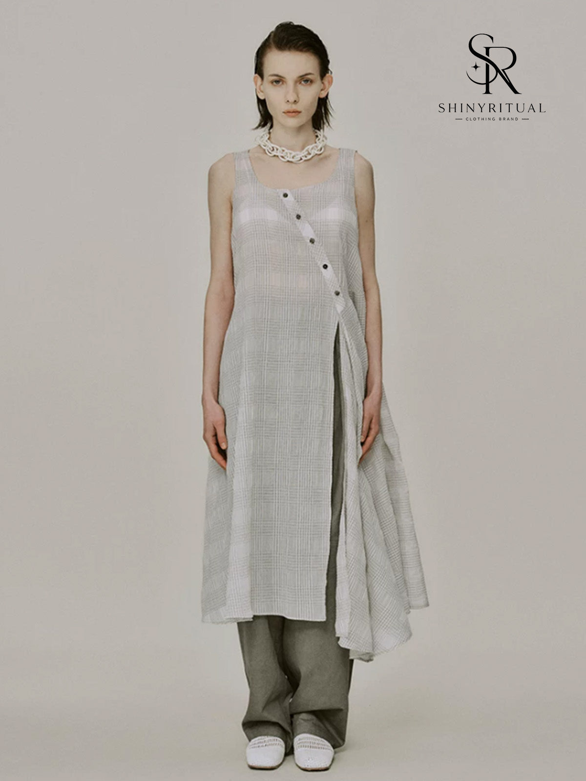 Ivresse Ivory Plaid Crossover Dress