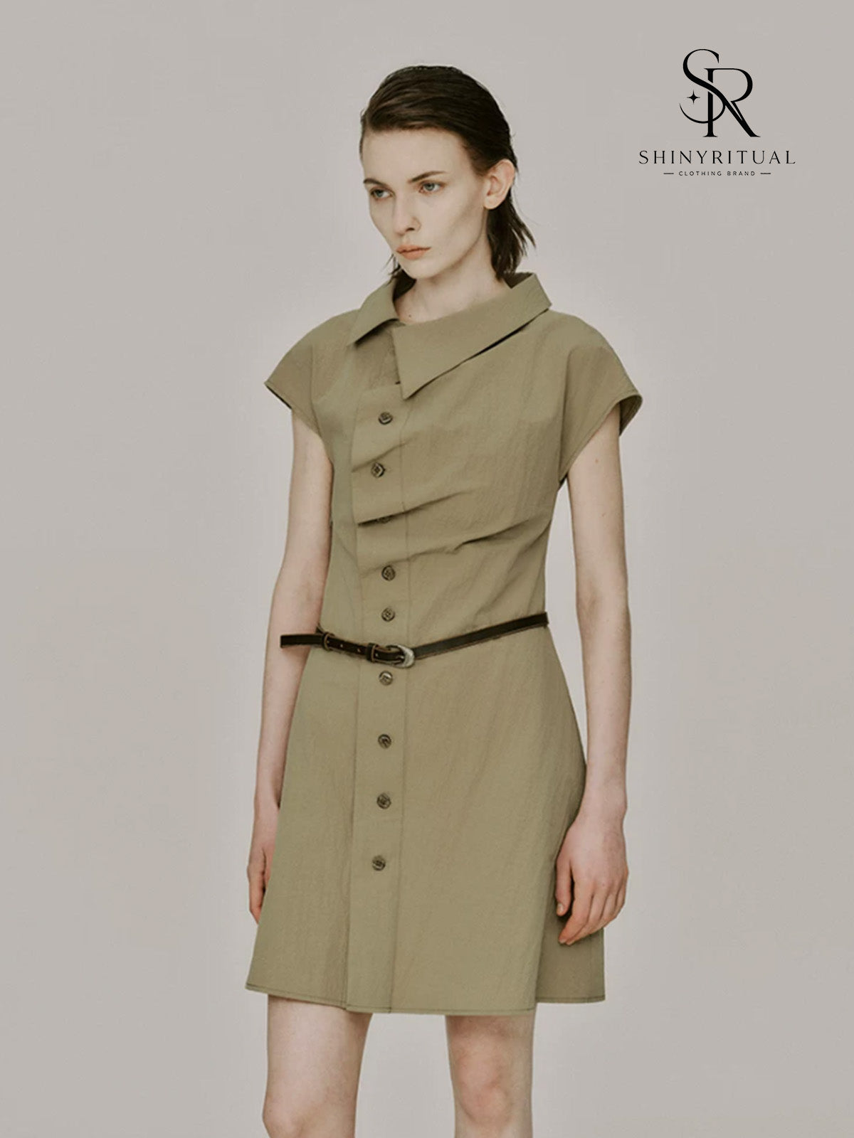 Caelisse Khaki Ruched Midi Dress
