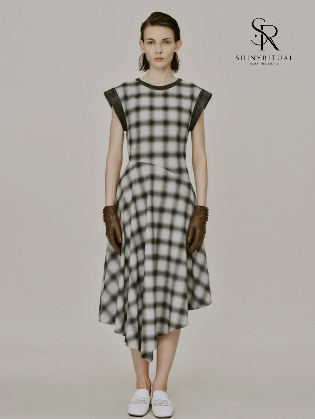 Bronelle Plaid Leather-Trim Dress