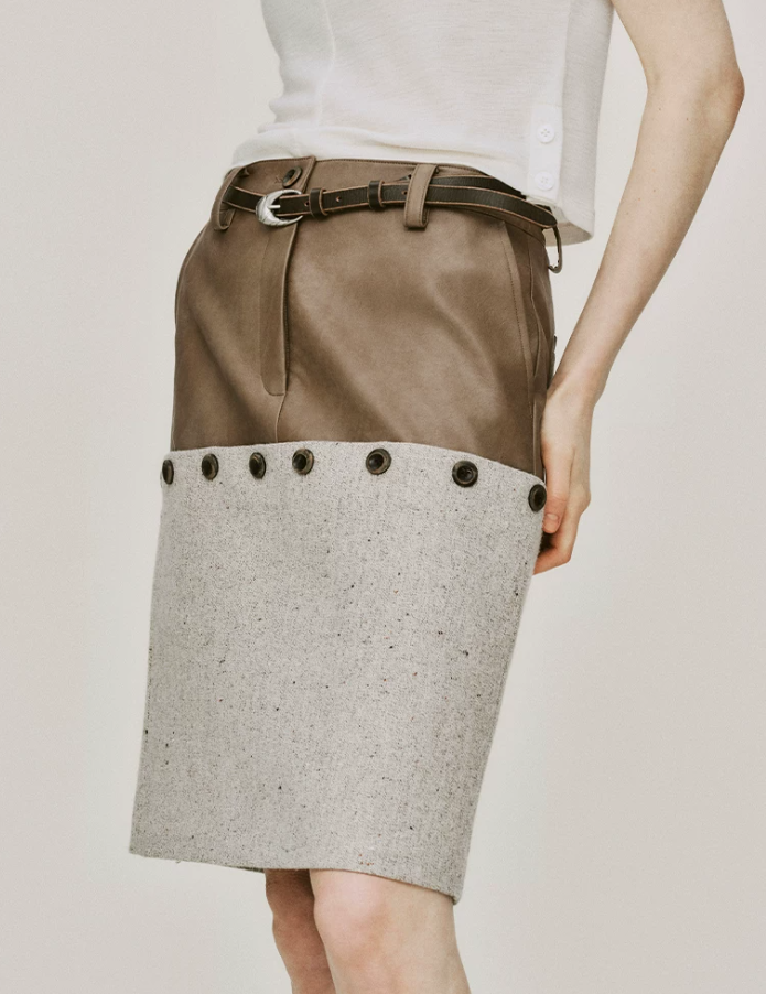 Velmira Leather-Panel Coffee Skirt