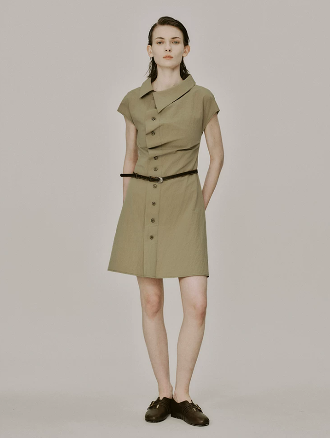Caelisse Khaki Ruched Midi Dress